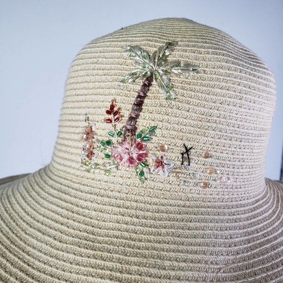 Cappelli Straworld Straw Floppy Sun Hat‎ Natural Embroidered Palm Tree Scene - Picture 3 of 7
